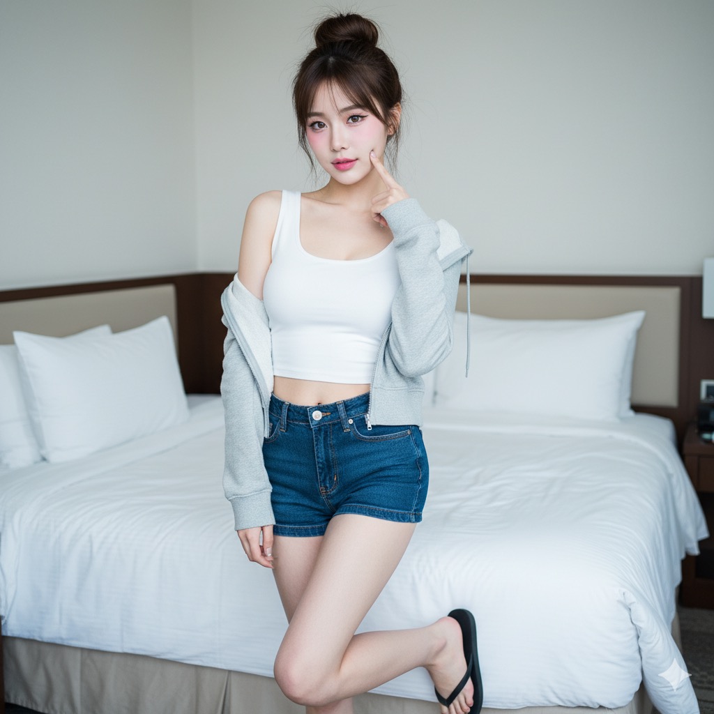 穿白色吊带和牛仔裤的女孩