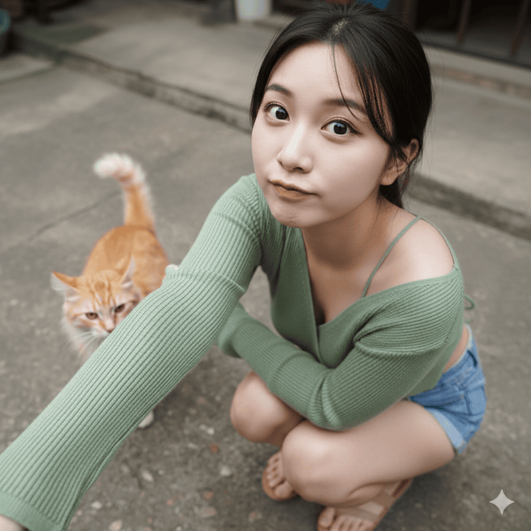 和橘猫在一起的女孩