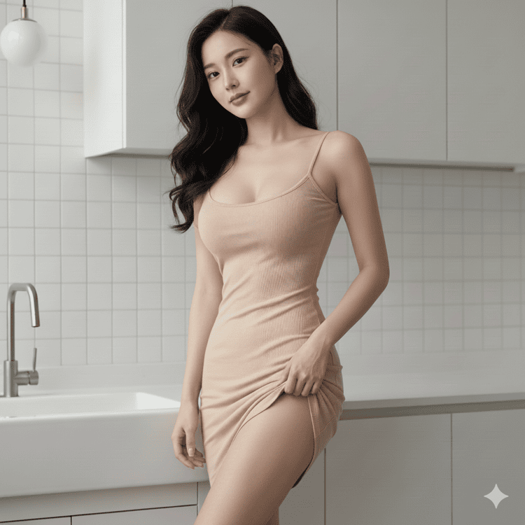 在厨房里撩起裙摆