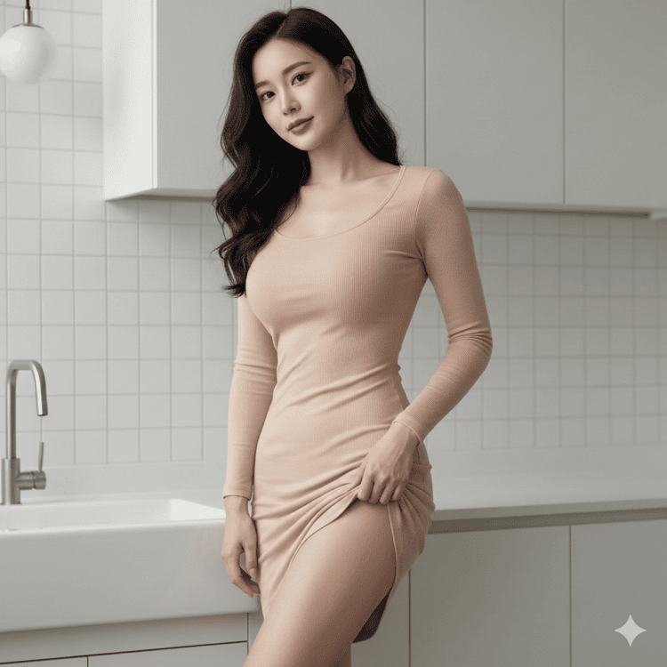 在厨房里撩起裙摆