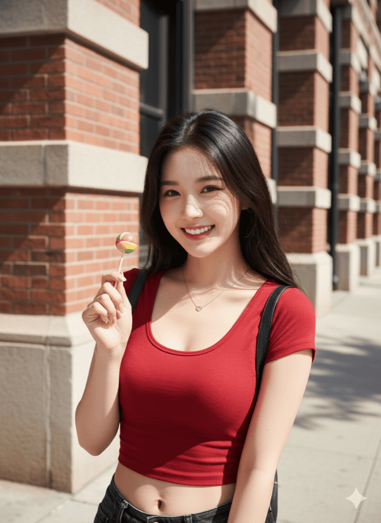 在红砖建筑前笑容灿烂