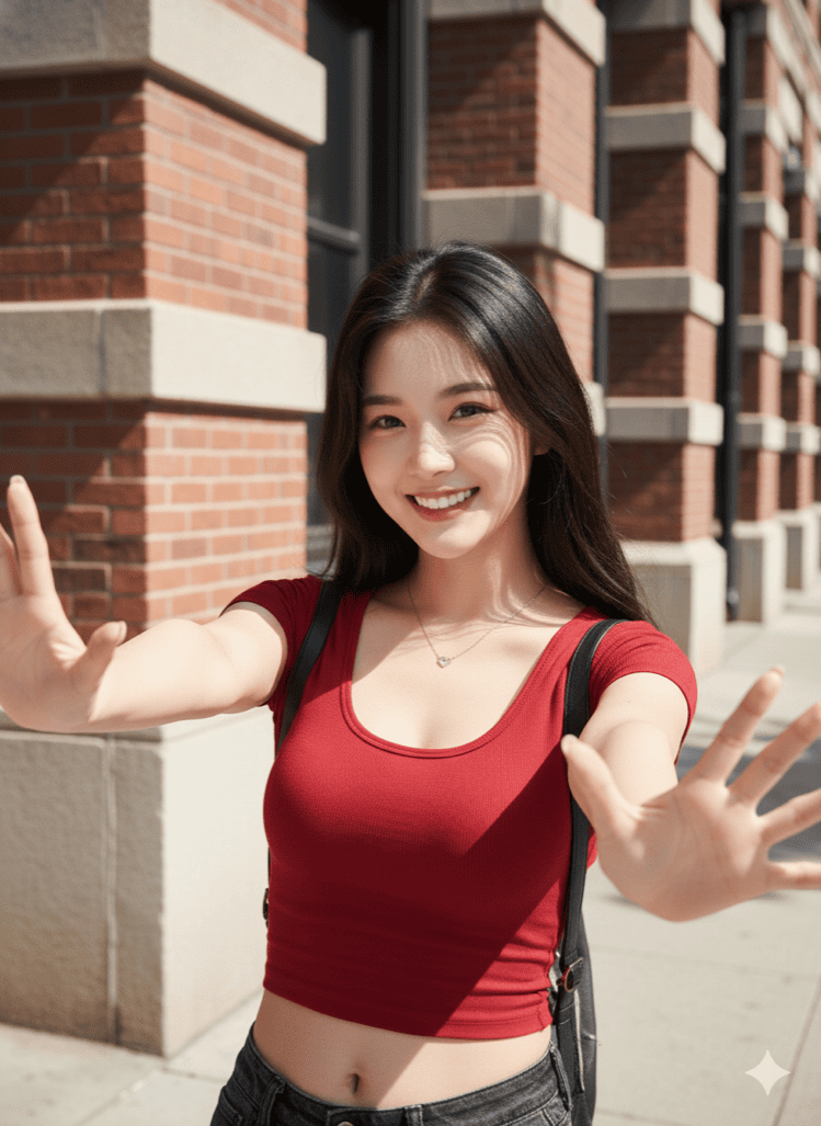 在红砖建筑前笑容灿烂