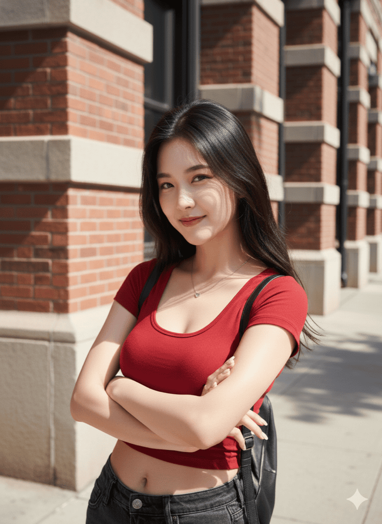 在红砖建筑前笑容灿烂