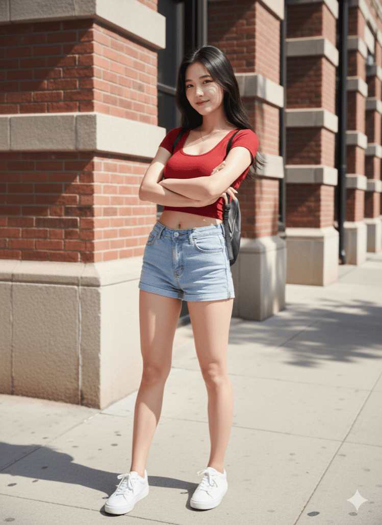 在红砖建筑前笑容灿烂