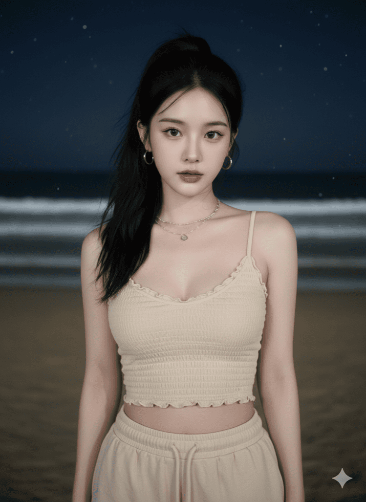 夜间海边的美女