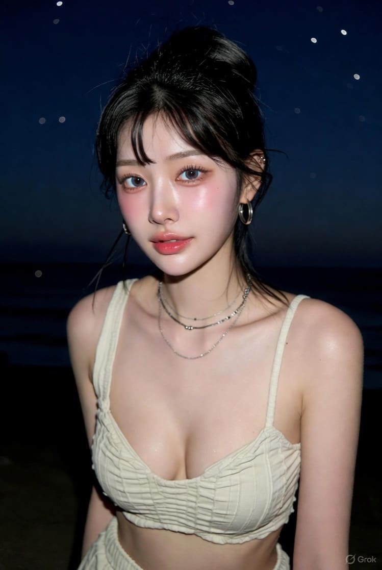 夜间海边的美女