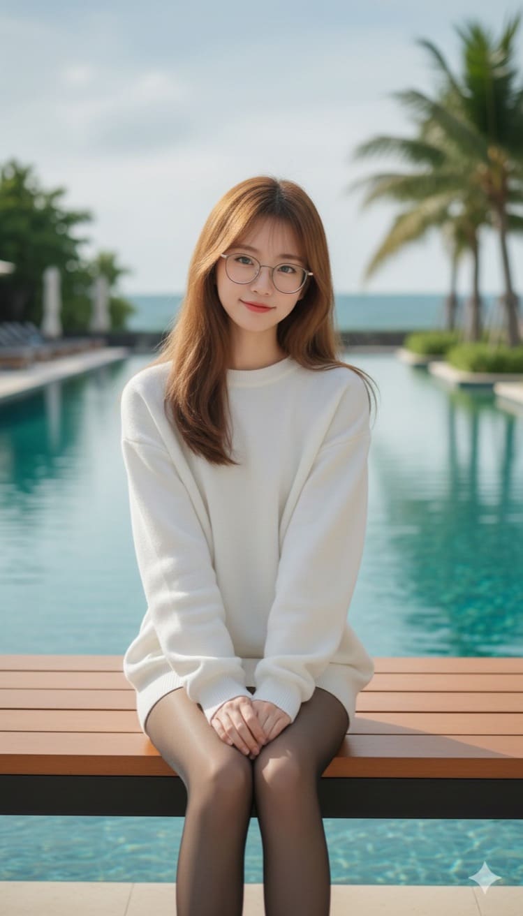 户外泳池边的黑丝女孩