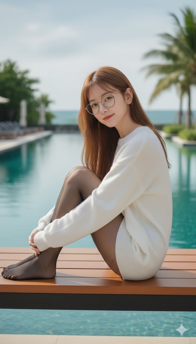 户外泳池边的黑丝女孩