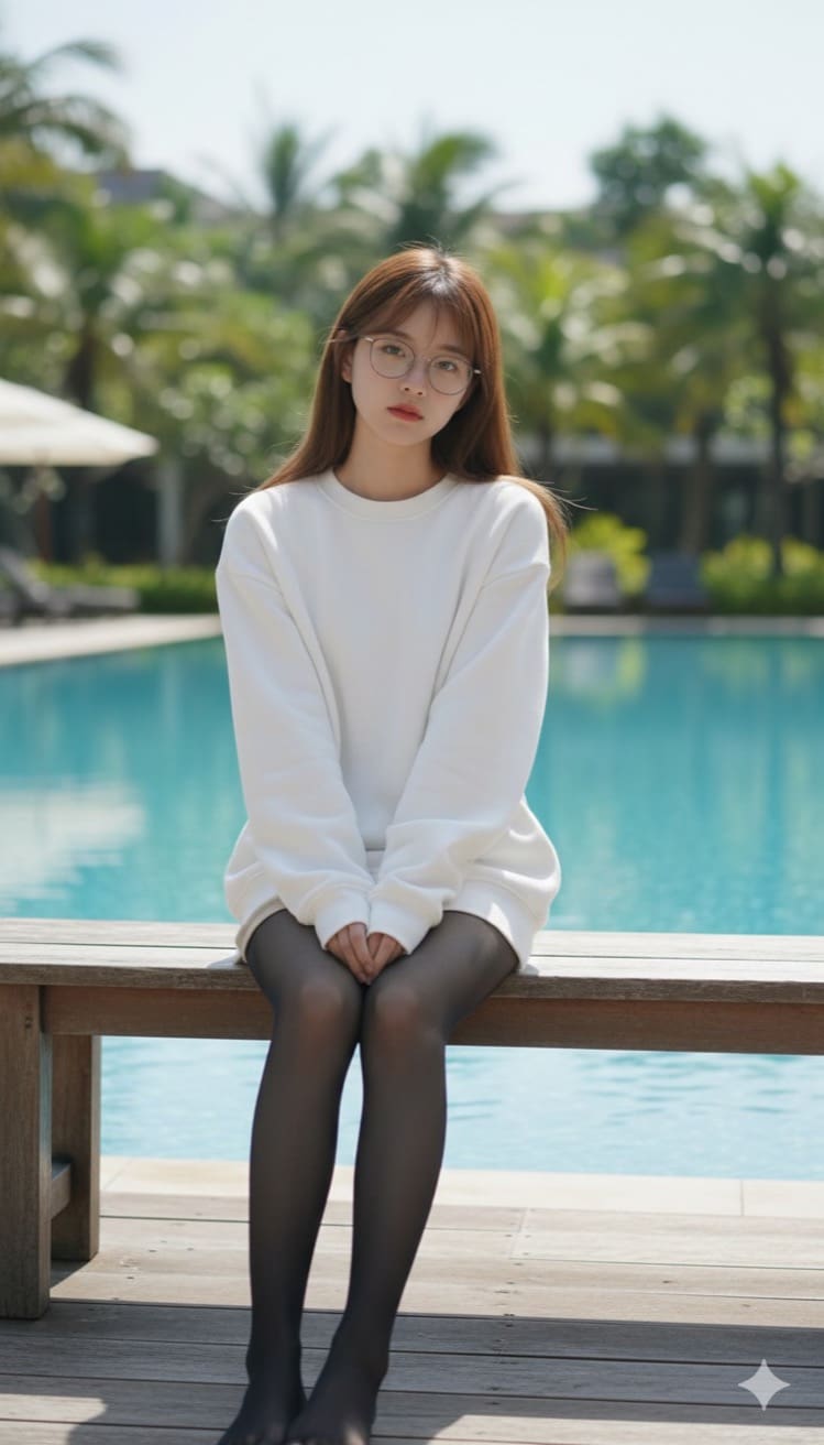 户外泳池边的黑丝女孩