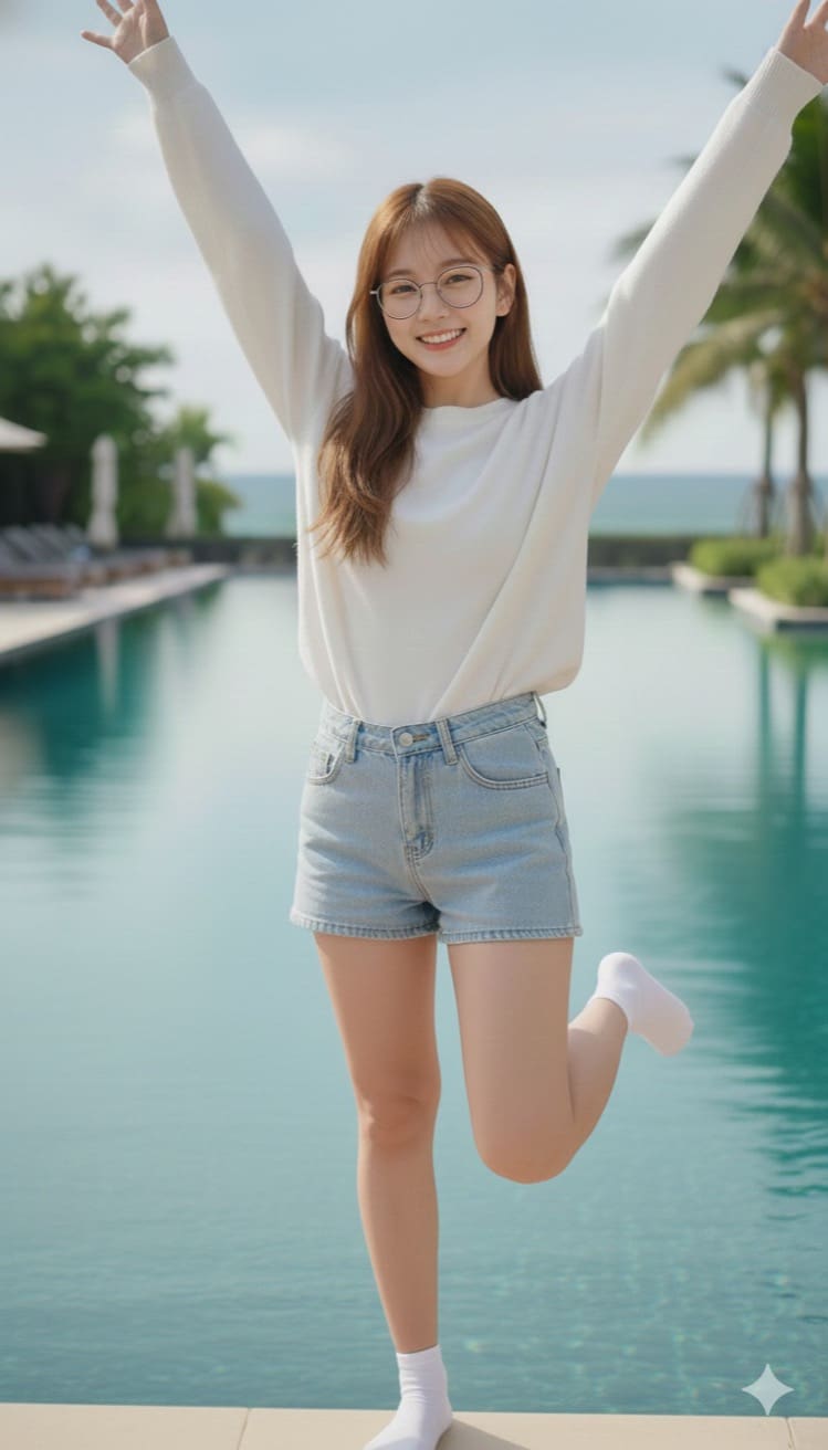 户外泳池边的黑丝女孩