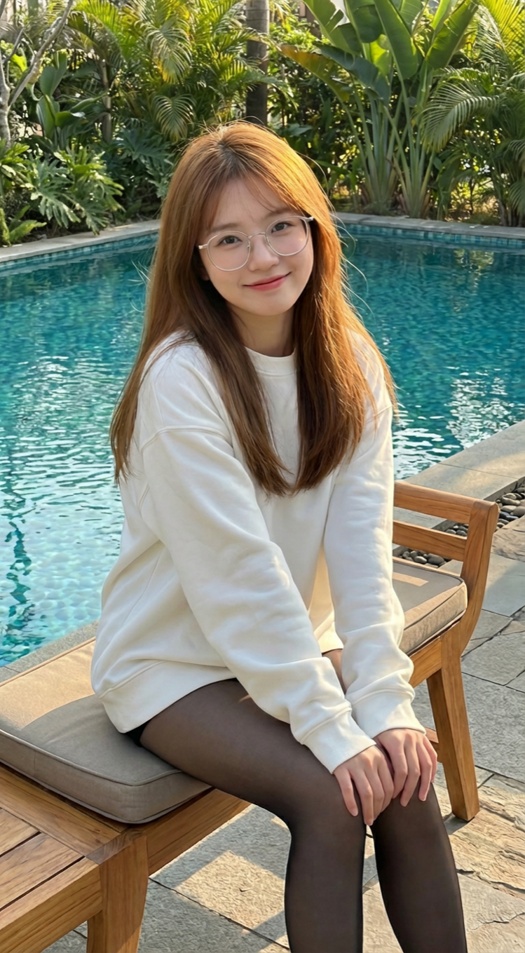 户外泳池边的黑丝女孩