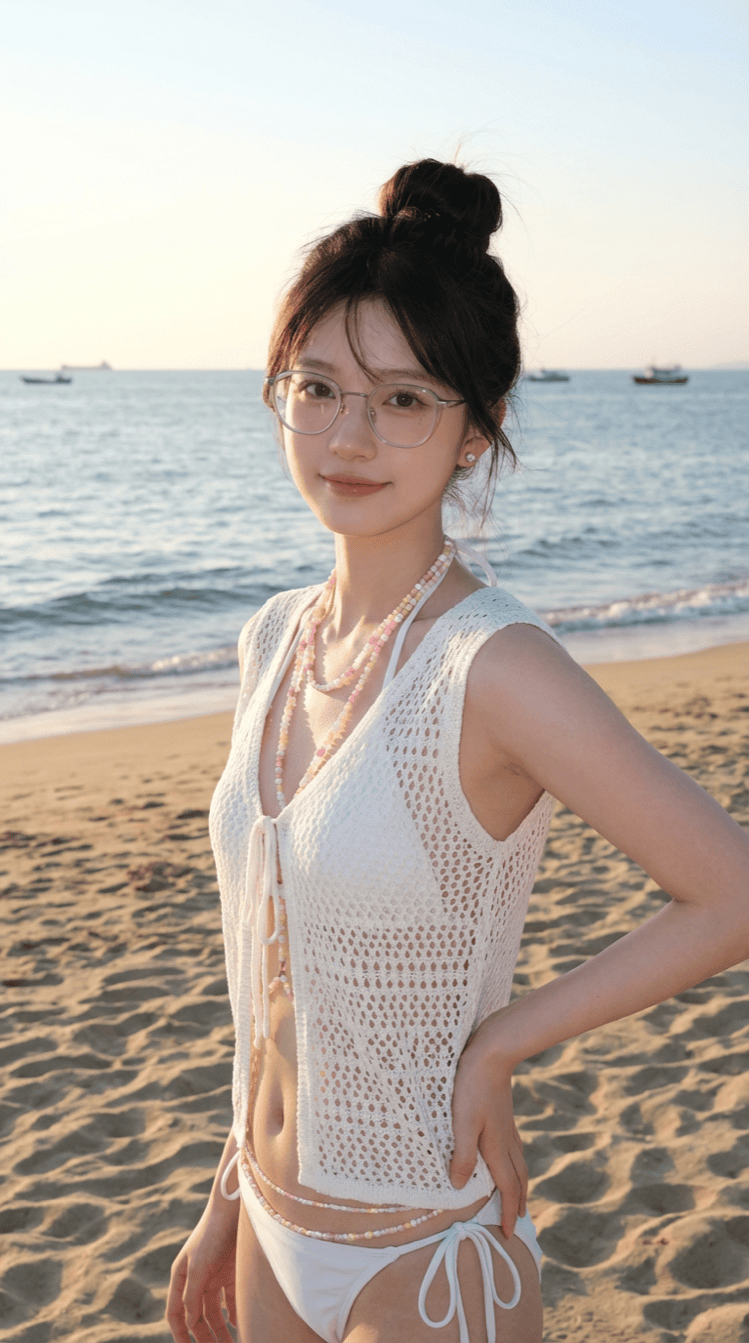 在海边穿着镂空开衫